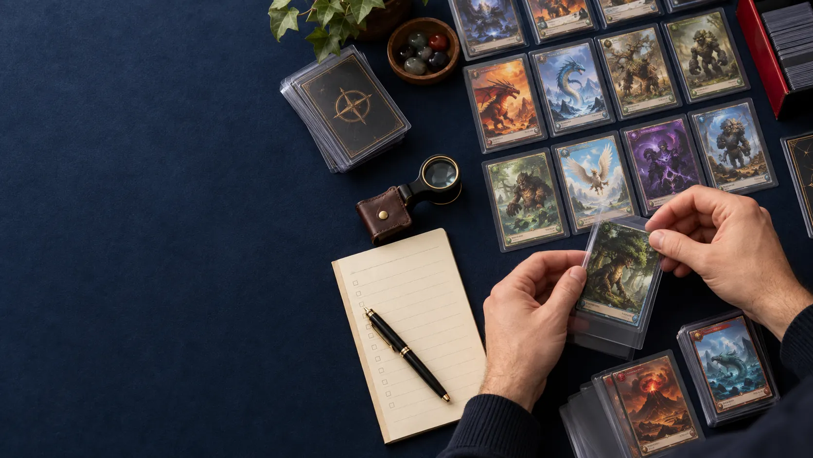 Verzamelaar sorteert fantasy-kaarten voor een waardebepaling